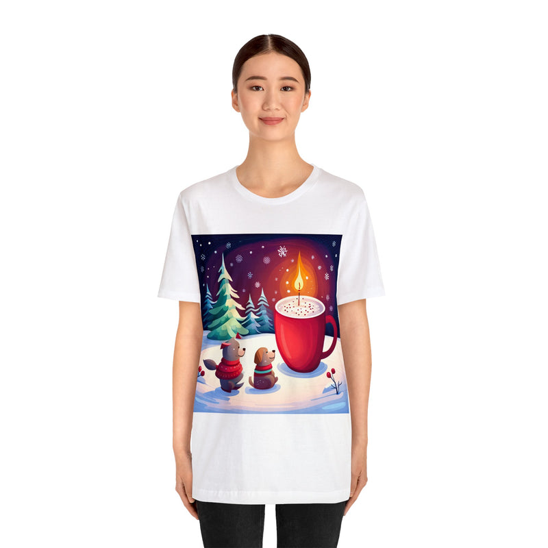 Unisex Jersey Short Sleeve Tee Christmas illustration with cute puppies and snow-covered trees, flickering candles, and a cozy mug of hot cocoa