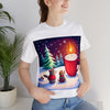 Unisex Jersey Short Sleeve Tee Christmas illustration with cute puppies and snow-covered trees, flickering candles, and a cozy mug of hot cocoa